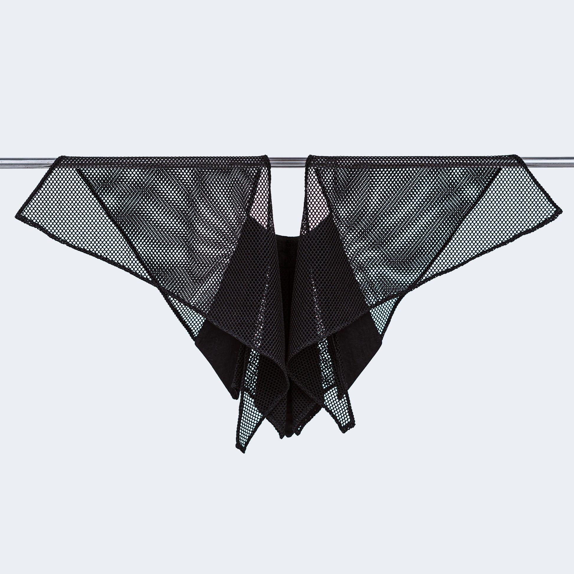 Back view of Japanese geometric silk collar with sheer black mesh, displayed on hanger