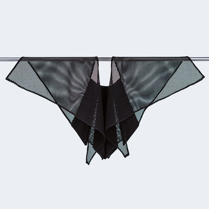 Back view of Japanese geometric silk collar with sheer black mesh, displayed on hanger