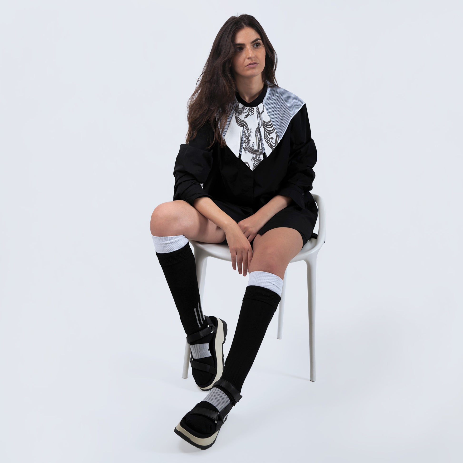 Model showcasing collar with Japanese print and sheer white mesh