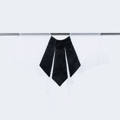 Front view of striped black silk and white mesh collar on hanger