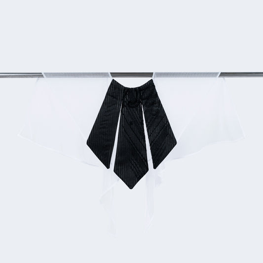 Front view of striped black silk and white mesh collar on hanger