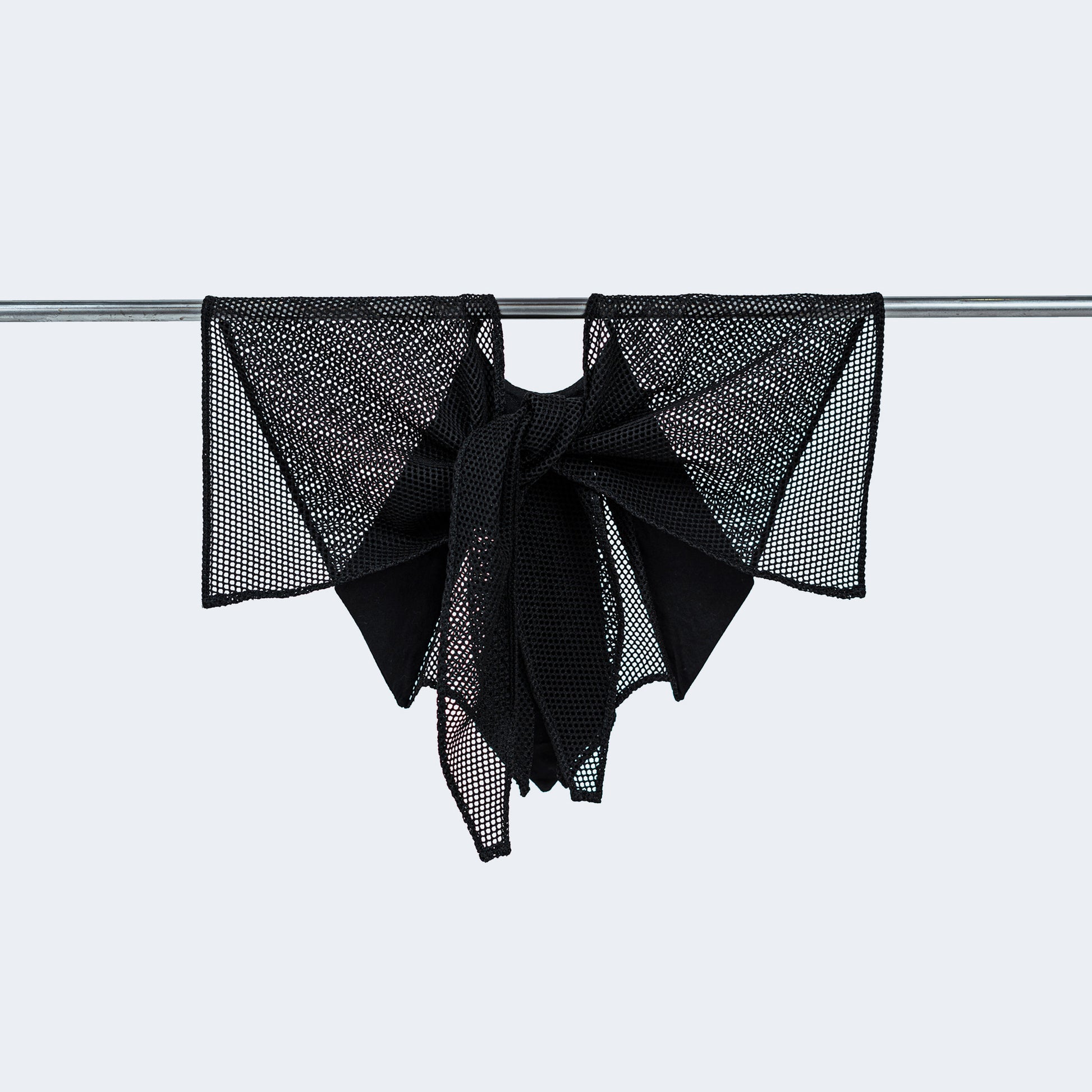 Back view of Japanese geometric black silk and sheer black mesh collar tied, displayed on hanger