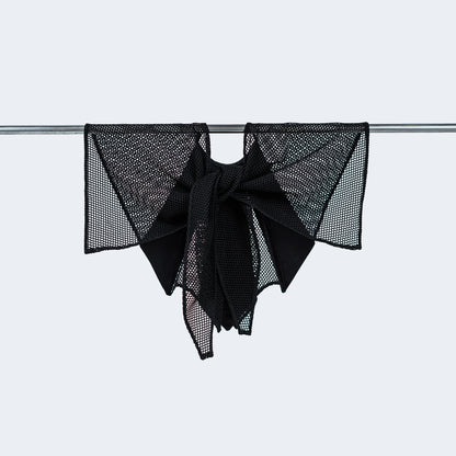 Back view of Japanese geometric black silk and sheer black mesh collar tied, displayed on hanger