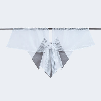 Back view of Japanese print and sheer white mesh collar tied, displayed on hanger