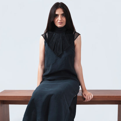 Model showcasing collar with Japanese geometric black silk and sheer black mesh