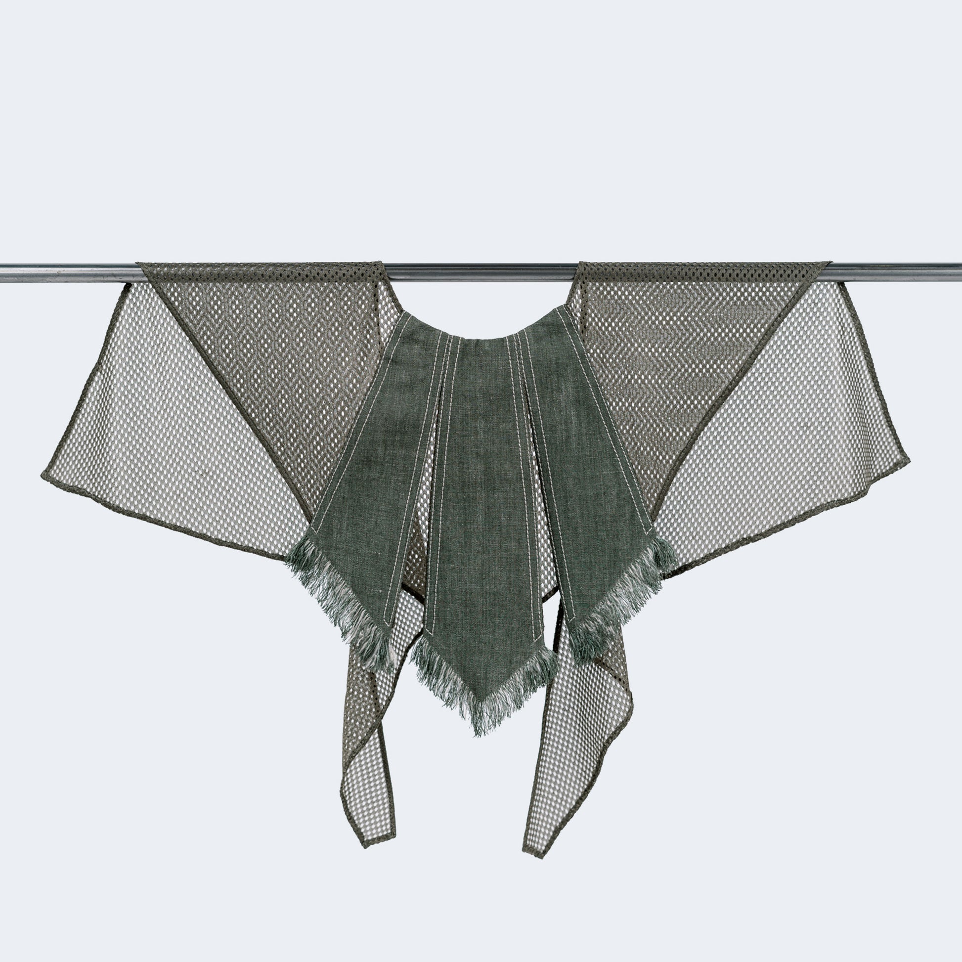 Front view of olive green canvas and mesh collar on hanger