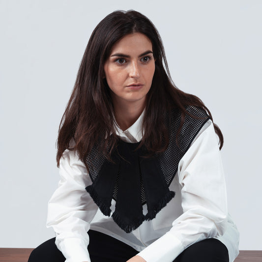 Close-up of model wearing black collar – texture detail