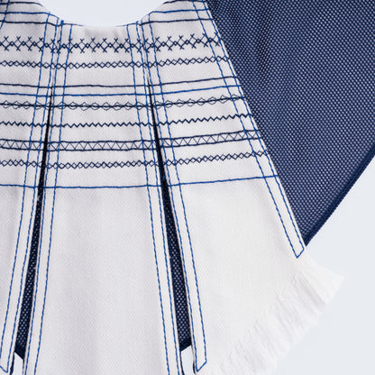 Close-up of white embroidered denim and blue mesh fabric