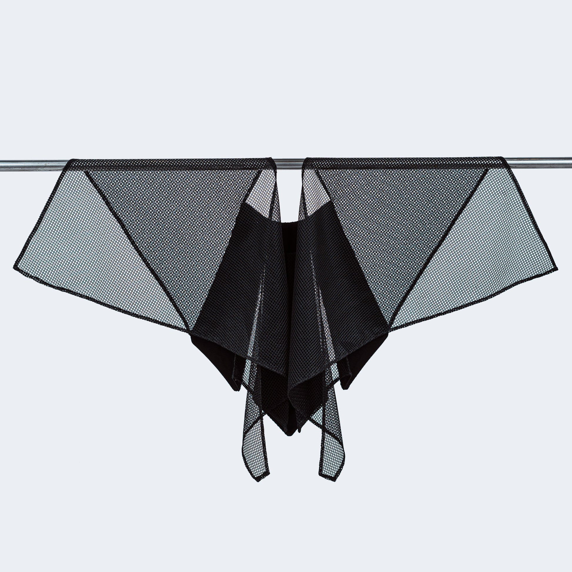 Back view of Japanese black silk collar with sheer black mesh, displayed on hanger