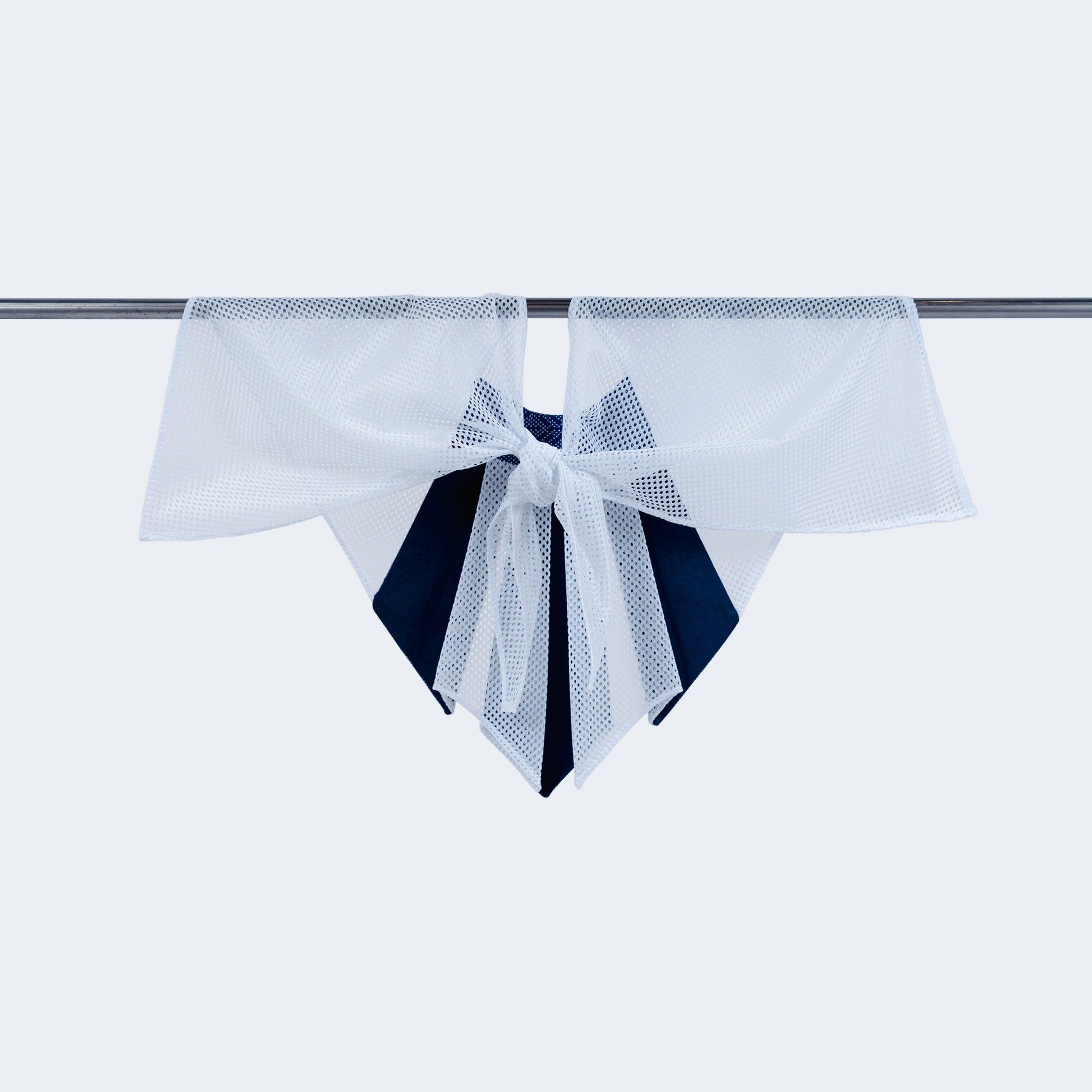 Collar tied on hanger – showcasing the silk and mesh blend