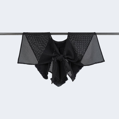 Tied black denim collar on hanger 