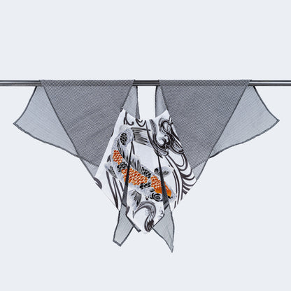 Front view of limited edition Japanese fish print collar with sheer gray fabric, displayed on hanger