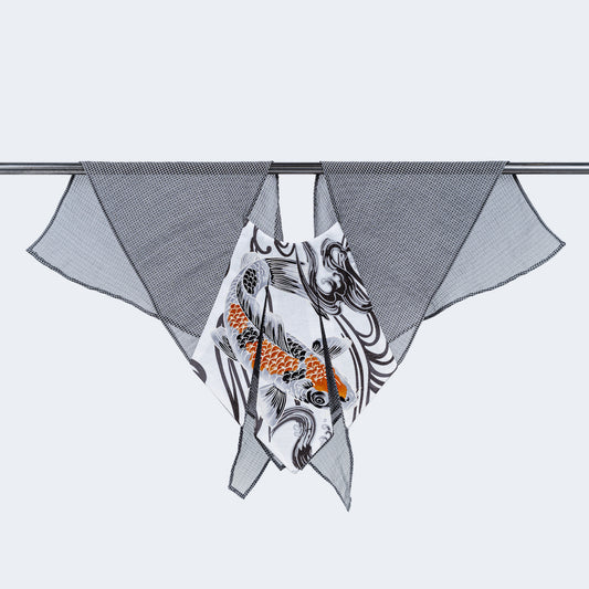 Front view of limited edition Japanese fish print collar with sheer gray fabric, displayed on hanger