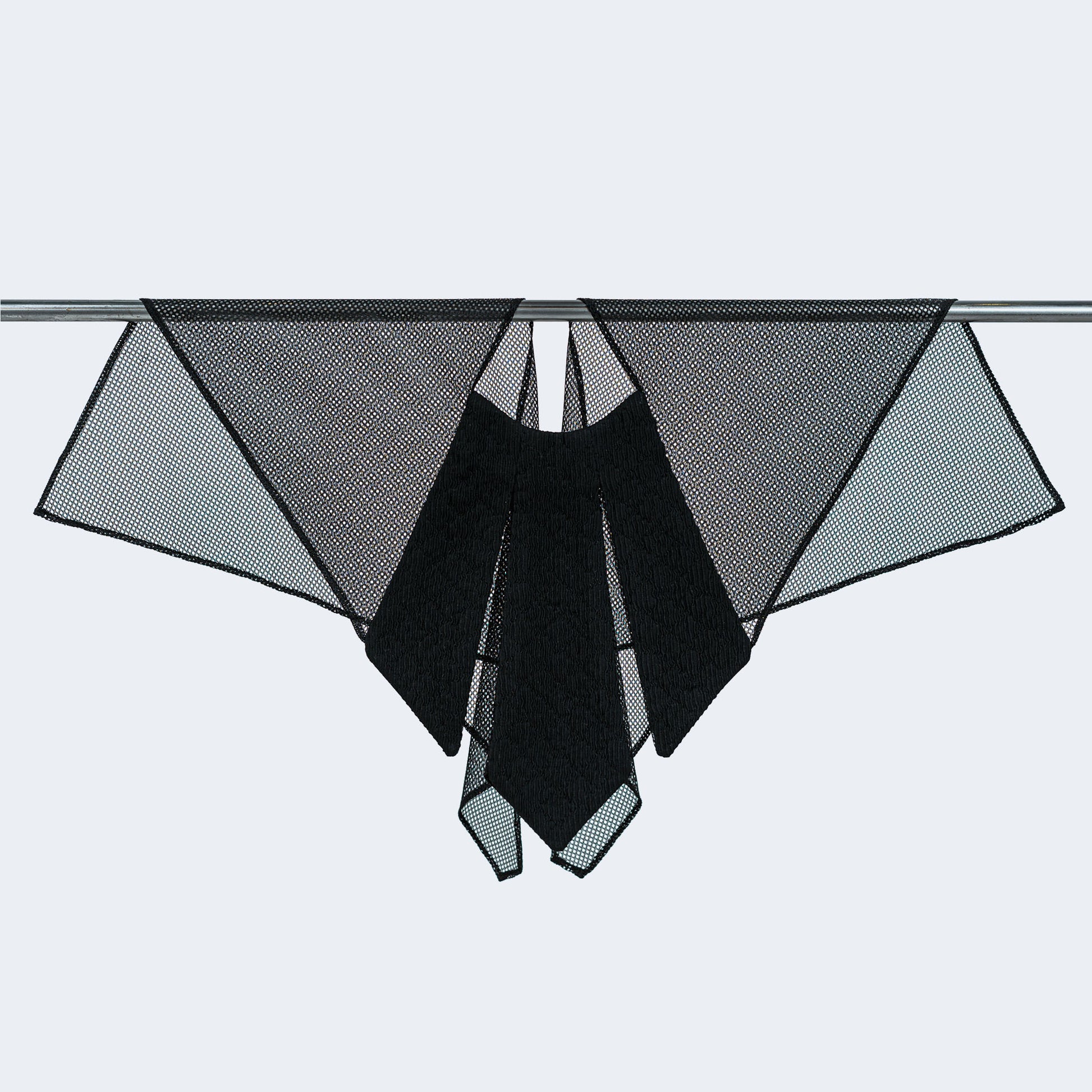 Front view of Japanese black silk collar with sheer black mesh, displayed on hanger