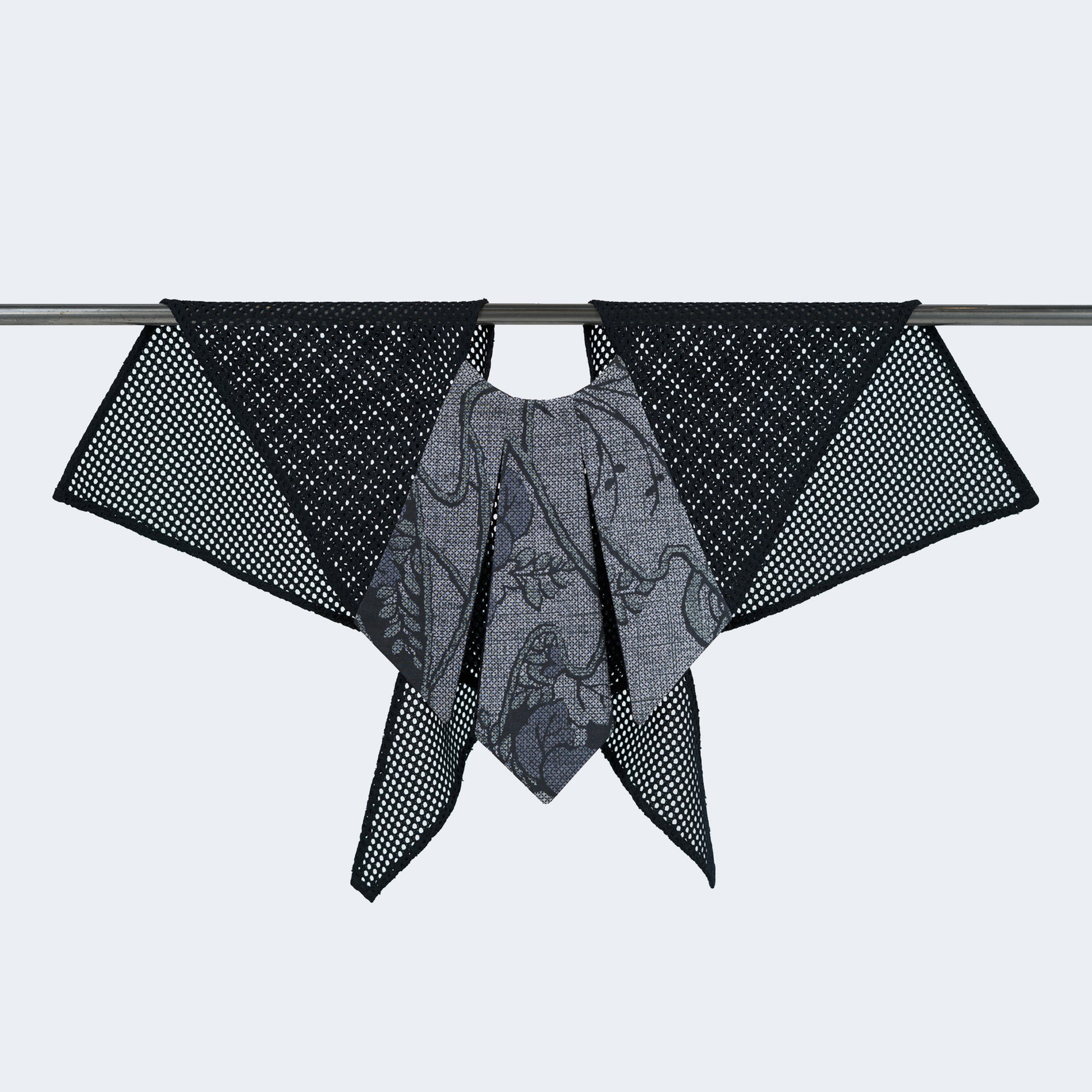 Front view of Japanese purple silk collar with blue mesh, displayed on hanger