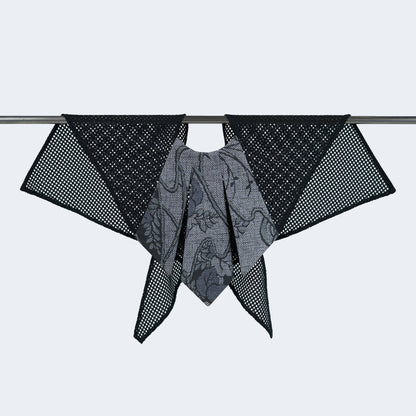 Front view of Japanese purple silk collar with blue mesh, displayed on hanger