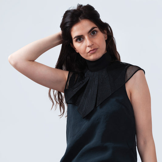 Model wearing elegant collar with Japanese geometric black silk and sheer black mesh